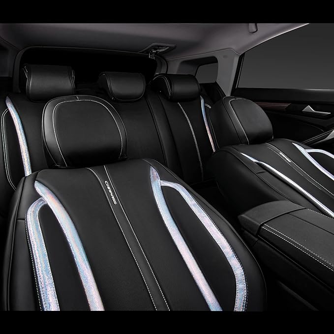 CAR PASS Nappa Leather Holographic Laser Car Seat Covers Front Seats Only Cushioned, Waterproof Waist Protector Universal fit for SUV Truck Pickup Luxury Stylish Elegant for Women Black Silver Strips