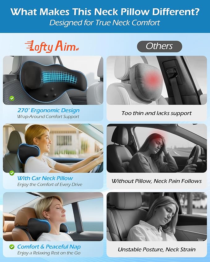 Car Neck Pillow: 2 Pack Ergonomic Memory Foam Headrest Pillow for Driving, Adjustable Neck Support Cushion for Pain Relief, Head Rest Pillows for Car Seat, Truck - Black