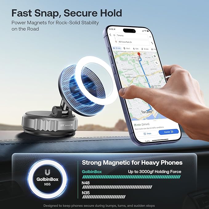 Golinbox Upgraded Nano Gel Vacuum Magnetic Car Phone Holder for MagSafe 360° Adjustable, [100+LBS Suction & 3000gf Magnetic] Suction Cup Phone Mount for Your Car/Gym/Mirror Mount for iPhone & Android