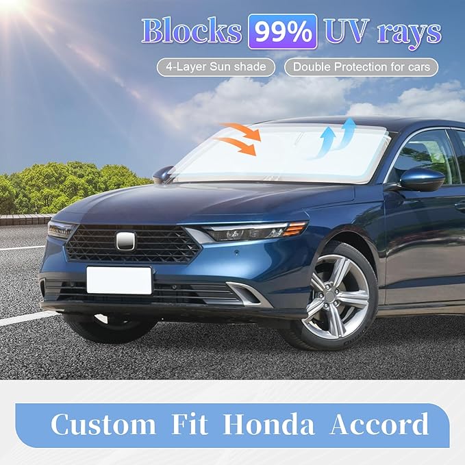 for Honda Accord 2023-2024 2025 2026 Sun Shade Sunshade Windshield Cover, 4-Layer Front Window Shade Custom Fit for Honda 11th Gen Sun Visor 240T Foldable Shade Sun Blocks UV Rays Car Accessories