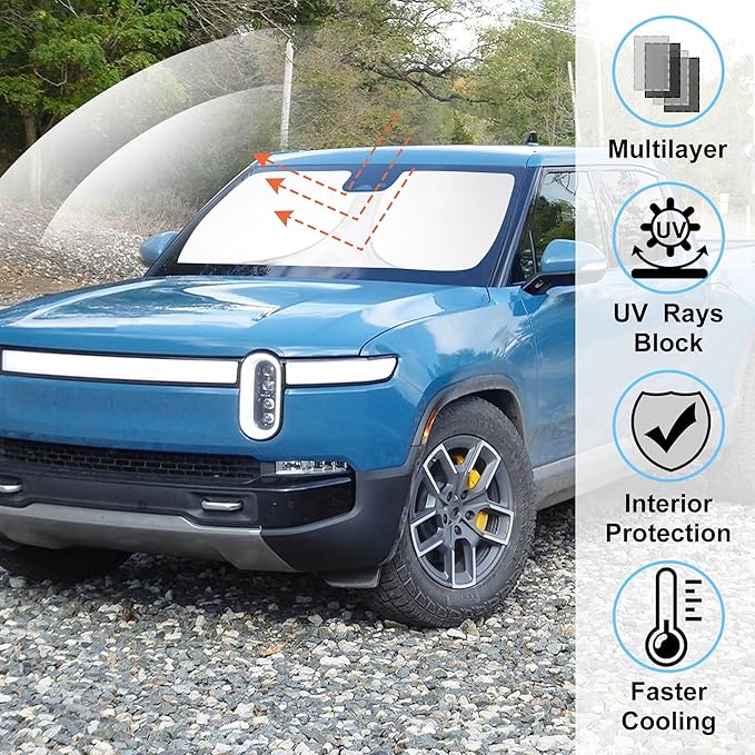 Windshield Sun Shade Custom Fit for 2022 2023 2024 2025 2026 Rivian R1T Accessories Foldable Sunshade Sun Blocker Protect Car from Sun Rays & Heat Damage Keep Car Cooler