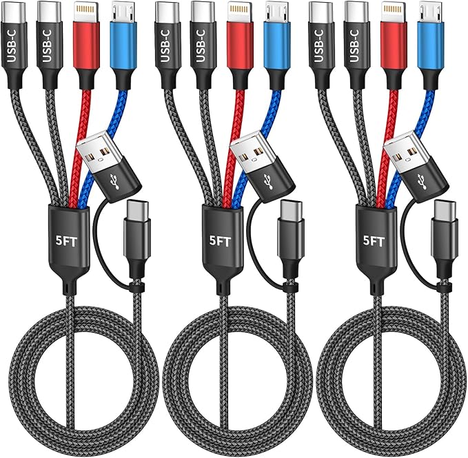 Travel 4 in 2 Charging Cable with Dual Type-C Port, USBA/C Multi Charging Cable Cords for Multiple Devices, Multiple Phone Charger Cord for iPhone17-8, Android, iPad, Car Accessories (3Packs 5FT)