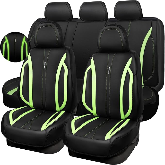 CAR PASS Fluorescent Green & Nappa Leather Seat Covers Full Set, with Backrest Cushion Protector Waist Protection Universal Fit for SUV Pick-up Truck, Automotive Vehicle Interior (Black Green)