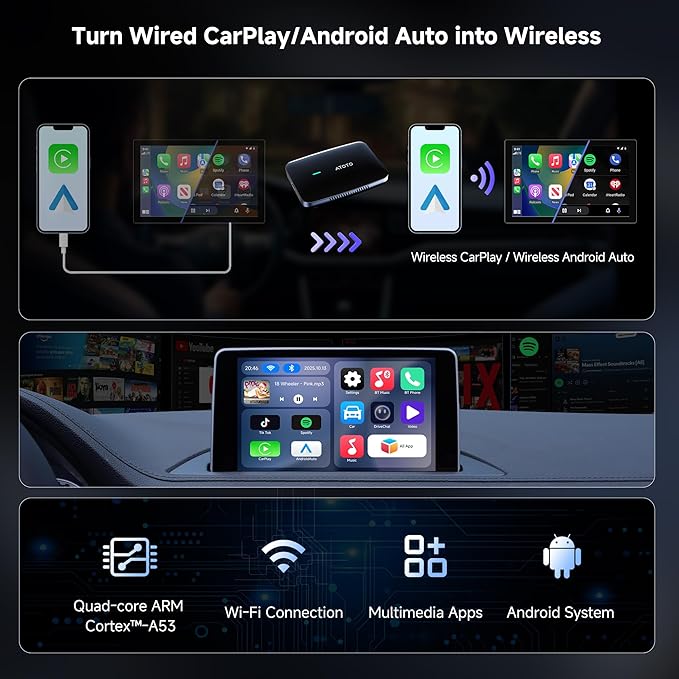 Wireless CarPlay Adapter, Magic AI Box with Dual-WiFi Stability, Wireless CarPlay Box Compatible with Wired Factory CarPlay & Android Auto, Support for YouTube/Netflix(Black)