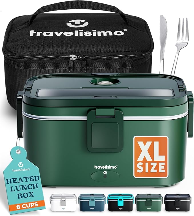 TRAVELISIMO Extra-Large Electric Lunch Box For Adults Holds up to 8 Cups - 100W Heated Lunch Box For Men 1.8L, Portable Food Warmer for Travel & Work, Loncheras Electricas Para Calentar Almuerzo