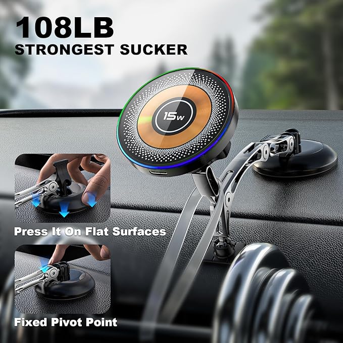 MagSafe Car Mount Charger, 2 in 1 Magnetic Phone Holders for Car, 15W Fast Charging Mag Safe Car Charger Stick on Dashboard Windshield, Car Accessories for iPhone 17/16/15/14/13/12 Series