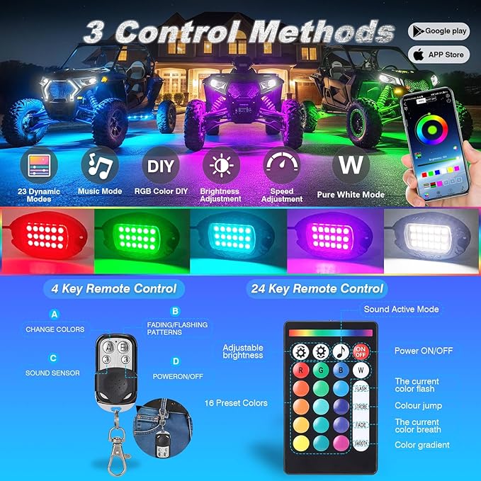 4Pods Heavy Duty Aluminum RGBW LED Rock Lights Kit for ATV UTV 4 Wheeler Can-Am SXS RZR Side by Side Offroad Vehicle, APP & RF Remote, Plug&Play Pre-Wired, IP67 Waterproof 12V Underglow Accent Light