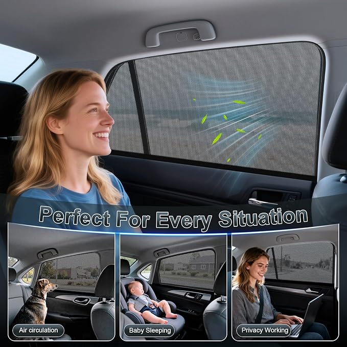 PEYOU Car Window Shades for Baby 2 Pack, Stretchable & Breathable Spandex Rear Side Car Sun Shade for Camping, Blocks UV Rays & Sun Glare for Kids/Adults/Pets - 44.9"X17.7" Fits 99% Cars