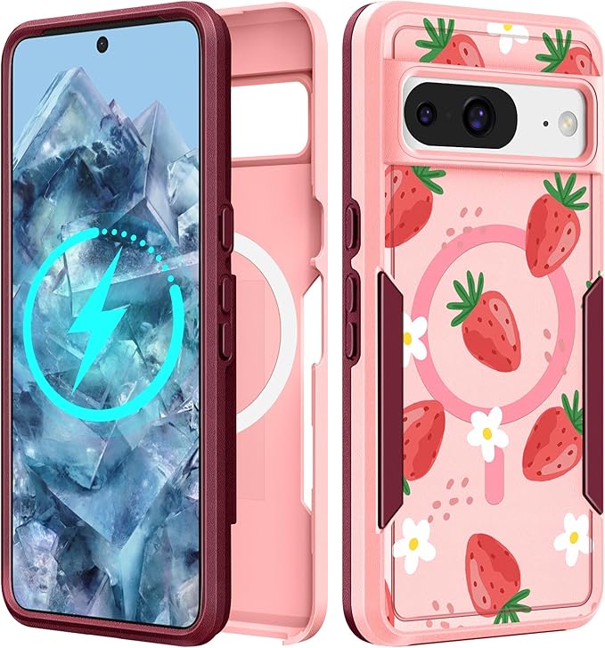 for Google Pixel 8 Case 6.2 Inch - Compatible with MagSafe Women Girls Cute Magnetic Protective Cover Girly Kawaii Strawberry Heavy Duty Shockproof Design for Google Pixel 8 Phone Cases