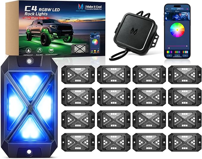 MICTUNING C4+ RGBW Rock Lights, 16 Pods 360° Ultra Bright Pure Color Underglow Neon Lights, Bluetooth APP Control & Music Mode, IP68 Waterproof, for Trucks Cars ATV UTV Golf Cart (2 Year Warranty)
