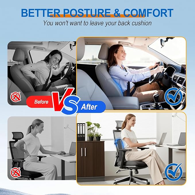 Lumbar Support Pillow for Car: Ergonomic Memory Foam Lumbar Pillow for Long Drives, Lower Back Support for Pain Relief, Dual Adjustable Straps, Back Cushion for Car Seat, Office Chair - Black