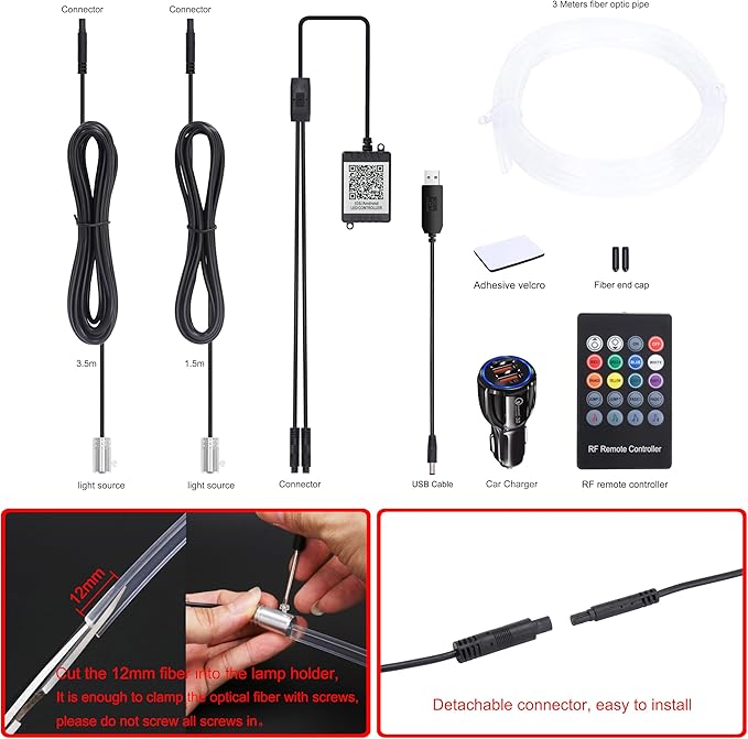 USB Car Ambient Lighting Optic Fiber 64 Colors Music Sound Active with APP Control Car Decorative Atmosphere Lighting Kit DC 12V 1W 3m with QC 3.0 car Charger