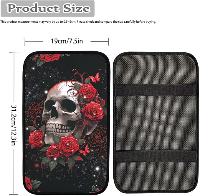 Dreaweet Red Rose Skull Center Console Armrest Pad Cover Halloween Goth Car Accessories Soft Comfort Arm Rest Cover Pad Universal Middle Console Covers for Cars SUV Truck Sedan