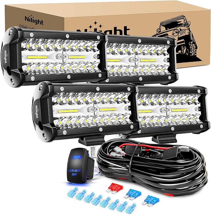 Nilight LED Pods 4PCS 6.5 Inch 120W Light Bar Triple Rows Spot Flood Combo Driving Lights 5Pin Rocker Switch Wiring Harness Kit-4 Leads, 2 Years Warranty (ZH047)