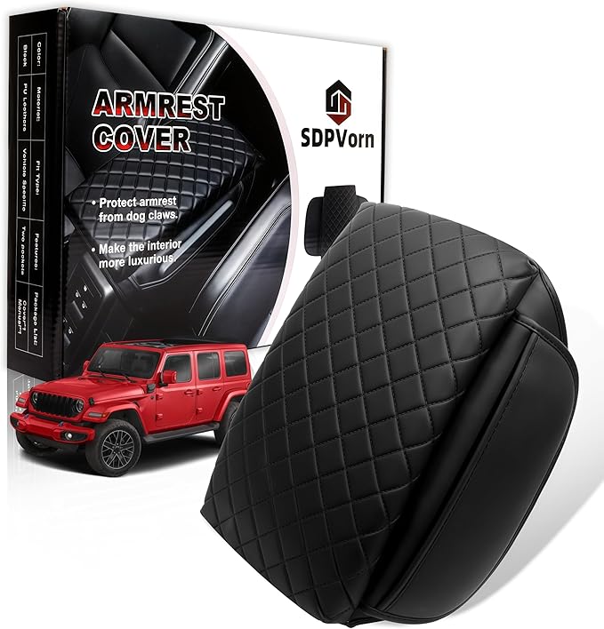 Armrest Cover for Jeep Wrangler JL Center Console Pad with Organizer Storage Pockets, Black Faux Leather Arm Rest Lid Cushion Accessories (2018-2026 Wrangler JL/Gladiator JT)
