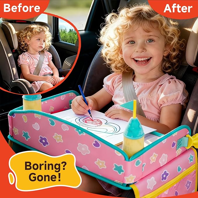 MENZOKE Car Seat Tray with 2 Removable Castle Towers, Carseat Tray for Toddler Girls Gifts Age 4–5, Kids Travel Tray for Kids,Foldable Snack Table with Storage Pockets for Road Trip,Pink & Green