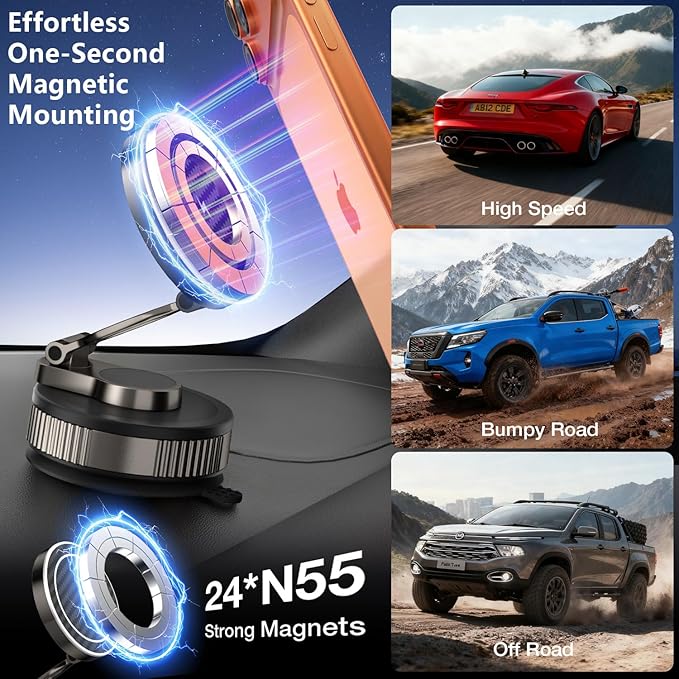 Vooii for Magsafe Car Mount Charger (15W Wireless Faster Charging) (130+LB Strongest Suction & 3000gf Magnetic) (360° Adjustable) Vacuum Car Phone Holder, Phone Holders for Your Car for iPhone 17-12