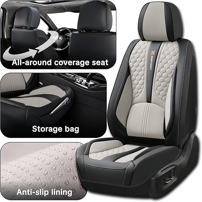 Universal Car Seat Covers, Black and Gray, Premium Nappa Leather, with Lumbar Support, Waterproof, Full Set, Non-Slip, Contoured Fit, Fits Most Vehicles, Upgraded Protection for Car Interiors