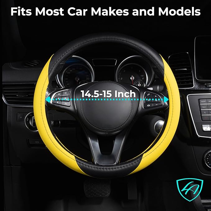 Lord Autofashion Steering Wheel Cover – PU Leather, Non-Slip Rubber Inner, All-Season Comfort – 14.5–15 Inch (Black/Yellow 7414)