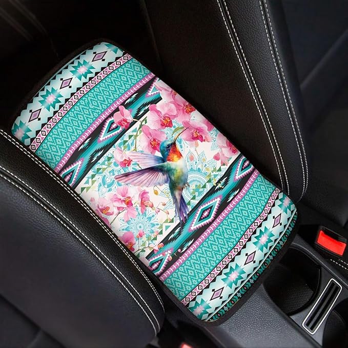 Universal Armrest Cover Pad, Aztec Hummingbird Car Center Console Cushion Pad, Protect from Pet Claws, Dirt, and Sticky Fingers, Car Decor Accessories Fit for Most Vehicles, SUVs