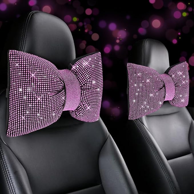 4 PCS Bling Car Pillows,Rhinestones Bowknot Car Headrest Pillow,Car Neck Pillow for Driver Relax Necksupport,Sleeping Travel Support Neck Pillow,Shiny Diamond Interior Accessories for Women,Pink