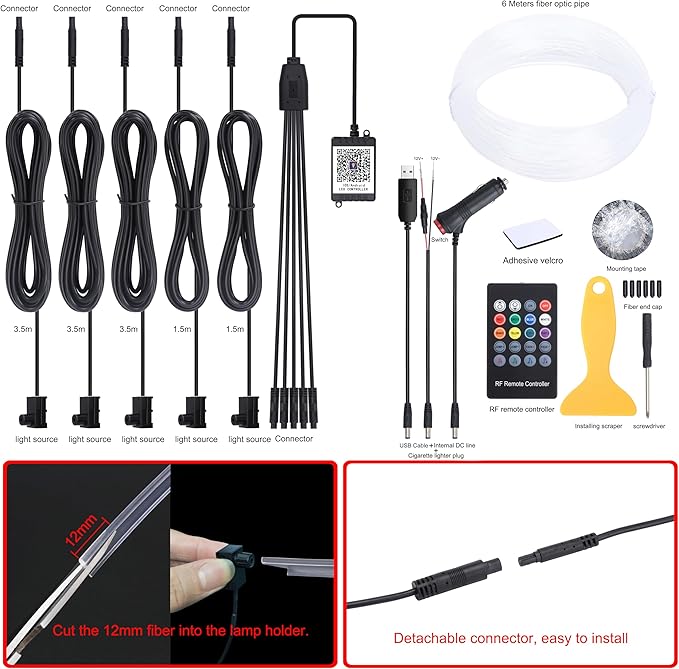 6 m Optic Fiber Car Ambient Lighting Kit Bluetooth App Control + RF Remote Control 64 Colors Multicoloured Music Interior Lighting Kit 12V 1W
