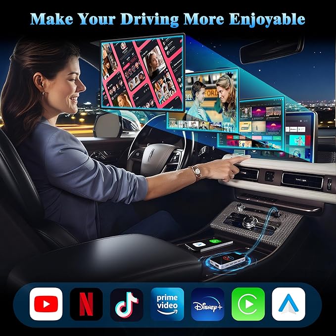 Wireless CarPlay Adapter for iPhone, 3 in 1 AI Box Surpports with OEM Wired to Wireless Apple CarPlay, Android Auto and Streaming Netflix/YouTube/TikTok, Plug and Play, Stable Connection, HDMI Output