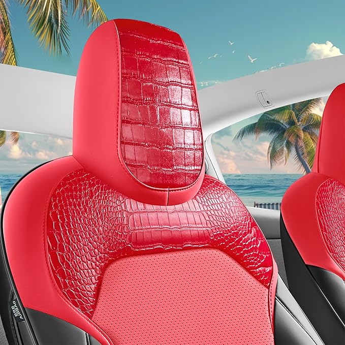 Seat Cover for Tesla Model Y Juniper 2025-2026 Custom Fit Leather Seat Cover Full Set (Crocodile Red+Black 25-26)