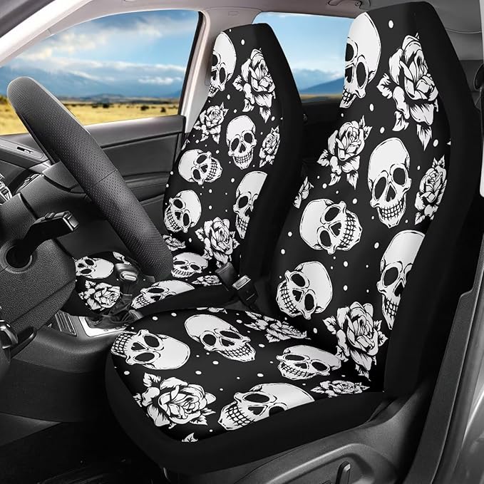 Skull Floral Car Seat Covers Set of 2 Breathable Universal Vehicle Front Seats Interior Protector Easy to Install Interior Protection Suitable Fits Most Car Auto SUV Sedan Truck