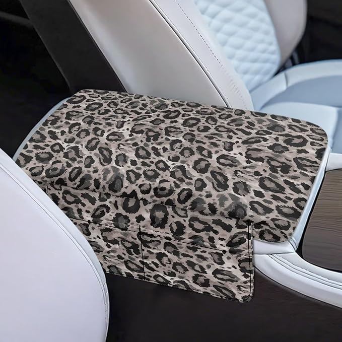 Dreaweet Grey Leopard Print Car Armrest Cover Pad Thick Center Console Cover with Pockets Cheetah Car Accessories for Women Universal Arm Rest Cover for Car Center Console for Cars