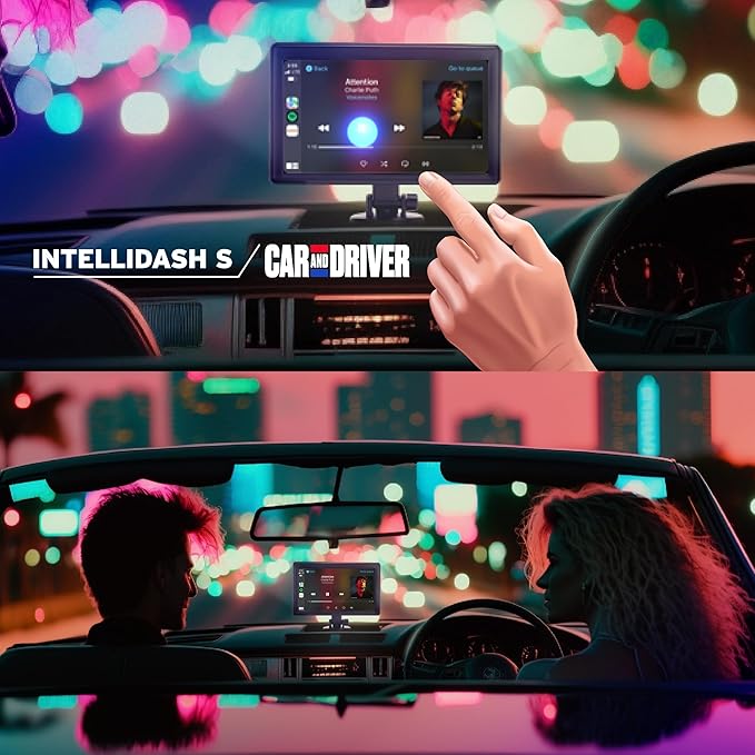 Car and Driver INTELLIDASH 7" HD Touchscreen – Portable Apple CarPlay Wireless Android Auto Screen for Car, Bluetooth Stereo, Backup Camera Support, Mirror Link, GPS Navigation, Siri, Google, SiriusXM