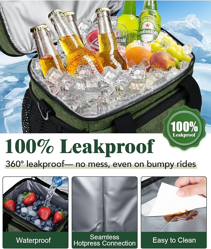 Insulated Lunch Bag for Men & Women, Double Leakproof Lunch Box Soft Cooler Tote with 5 Pockets, 600D Oxford, EVA Lining, Adjustable Strap for Work, Picnic, Beach&Travel-Army Green