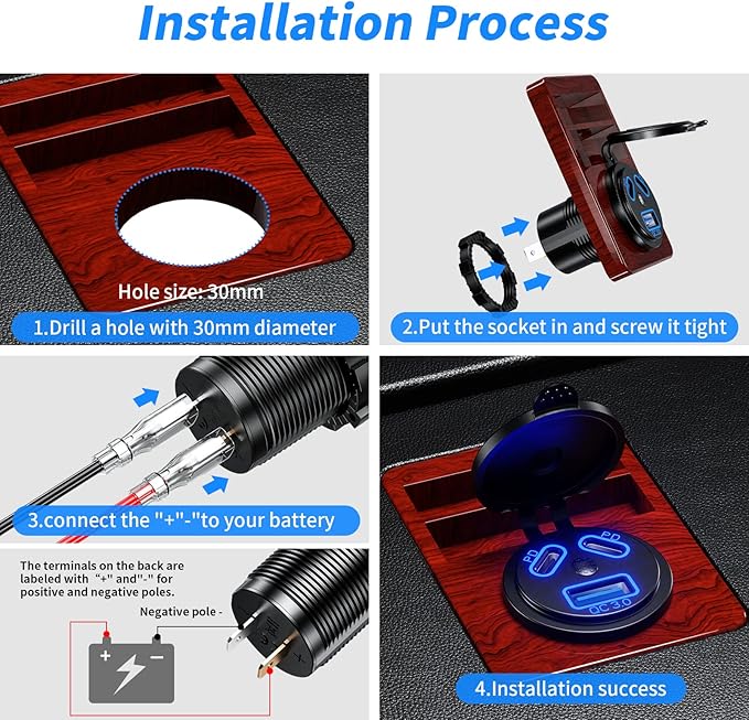 Kewig 12V USB Outlet Car Charge, 108W Super Fast Dual PD3.0 & QC3.0 3-Port Multiple Port for Car, USB C Cigarette Lighter Replacement 12 Volt Socket Waterproof for Marine Motorcycle RV Golf Cart