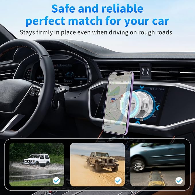 Phone Holders for Your Car, 24 Built-in Strong Magnets & Swivel Suction Cup, Vacuum Suction with Twist-Button Release, Foldable & Reusable for MagSafe & Magnetic Cases, White