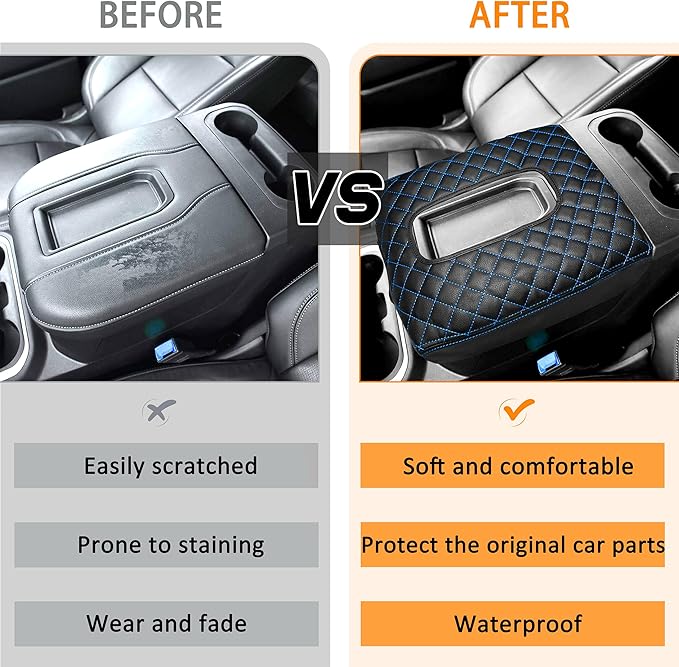 Center Console Cover for Chevy Silverado/GMC Sierra Accessories 2019-2026, Tahoe & Suburban & Yukon 2021-2026 Armrest Cover Middle Console Leather Protector Pad (Bucket Seat Consoles)(Blue Stitches)