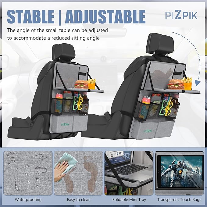 Plzpik Car Backseat Organizer with Tablet Holder,11 Storage Pockets with Foldable Food Tray, Protector Kick Mats for Kids, Travel Accessories Organizer (Gray, 1Pack with Food Tray)