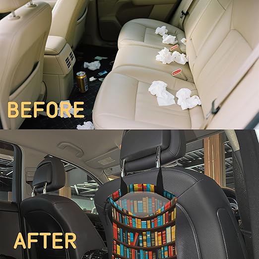 Cartoon Bookshelf Car Trash Bag, Strap Drawstring Car Garbage Bags,Car Back Seat Organizer with Adjustable Buckle for Car Accessories
