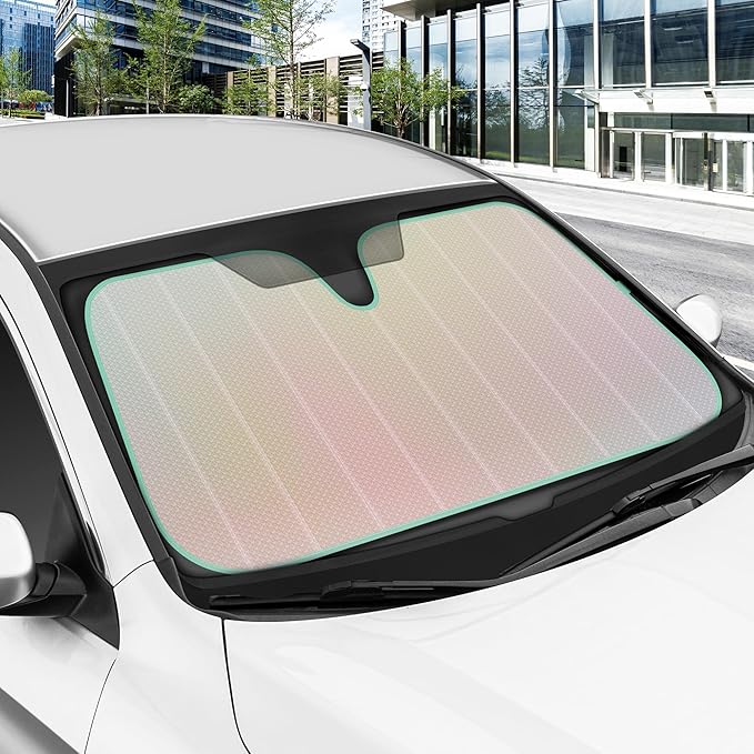 Iridescent Matte White Front Windshield Sunshade-Accordion Folding Auto Shade for Car Truck SUV-Blocks UV Rays Sun Visor Protector-Keeps Your Vehicle Cool- 58 x 27 in
