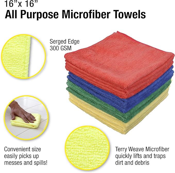 CleanAide Ultra-Absorbent 300 GSM Microfiber Towels for Auto Detailing, Home & Commercial Cleaning, Streak-Free, Lint-Free, Reusable & Machine Washable, 4 Colors for Organization,16x16 Inch, 12-Pack