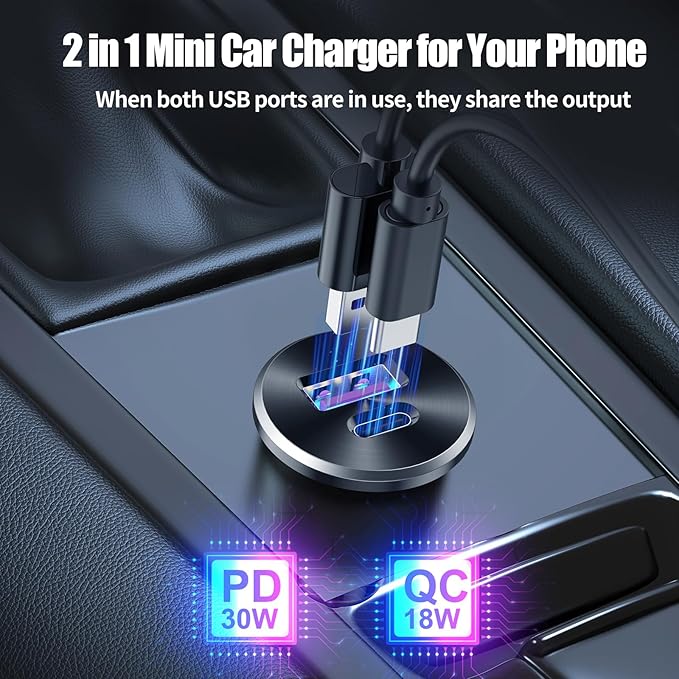 Mini 12V USB Outlet Aluminum Car Charger with PD30W and QC 18W Ports, 22mm Diameter Flush-Mounted Pre-Wired Cigarette Lighter Replacement Charger Socket for Car Boat RV Truck Motorcycle, etc.
