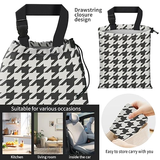 Car Trash Bag Large Hanging Can for Back of Seat, Cute Waterproof Car Garbage Bag for Vehicle, Travelling, Outdoor Black White Houndstooth