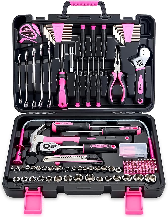 KOOPOOL 159 Piece Pink Tool Set, Tool Kit for Women, General Household pink tool kit for Home Auto Repair, Basic Mechanic Tool Box, with Storage Case
