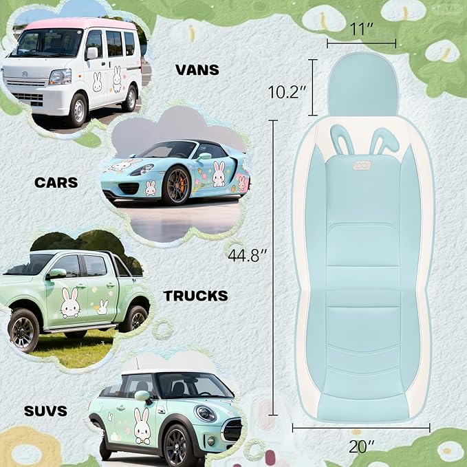 PIC AUTO Car Seat Covers, Cute Rabbit Premium Blue Leather Seat Covers, Universal Fit Front Seat Covers for Cars, Trucks, SUVs, Soft & Wear-Resistant Auto Interior Protection with Airbag-Compatible