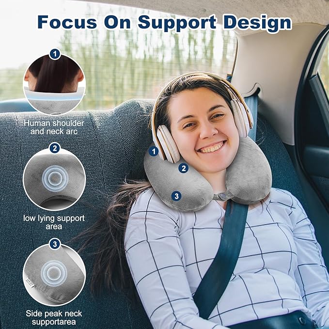 Travel Pillow 100% Pure Comfortable U Shape Memory Foam Pillows Neck and Head Support Portable Travel Neck Pillow Suitable for Planes Airplane for Traveling,Train,Self-Drivingng Car,(Grey)