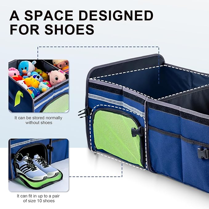 SugarFox Bold Color Block Trunk Organizer | 95L, 35"x13.8"x11.8" | Dedicated Shoe Storage & 26L Ice Pack | Foldable for SUV/Car/Jeep | Car Accessories for Men & Women - Blue-X212