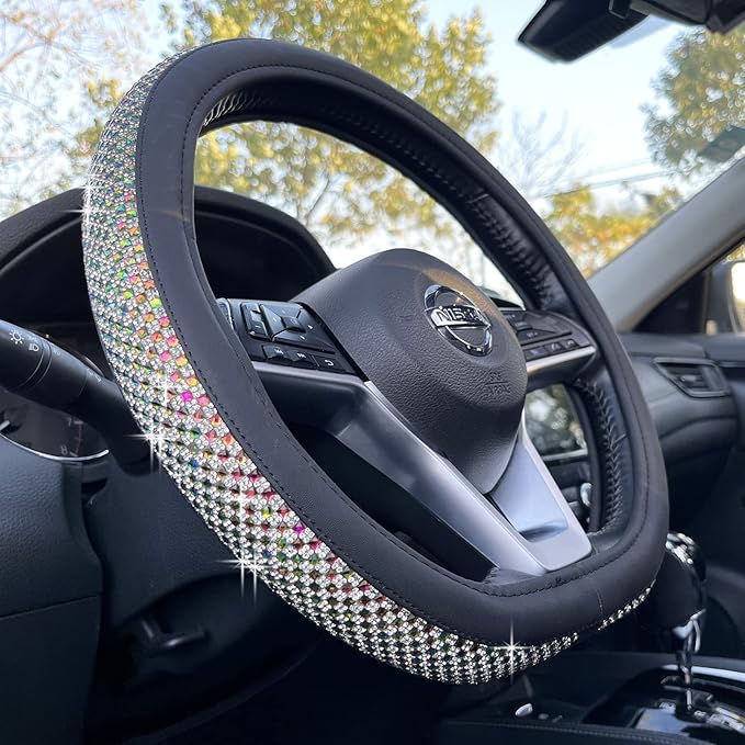 PINCTROT D Shaped Bling Comfy Steering Wheel Cover with Jumbo Crystal Rhinestones, Anti-Slip Diamond Leather, Flat Bottom 14.5-15 Inch (Colorful)