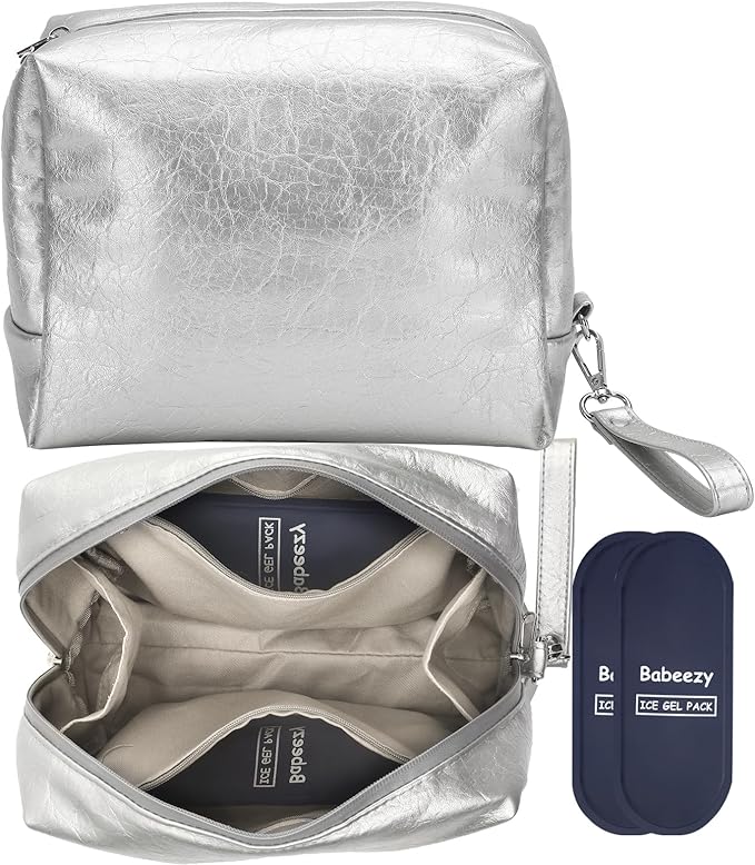 Insulated Cooling Makeup Bag with 2 Reusable Ice Packs Heat-Resistant Cosmetic Travel Organizer Silver Vegan Leather with Water-Resistant Double Zipper & Wrist Strap (Medium: 9.5x4.0x7.0in)