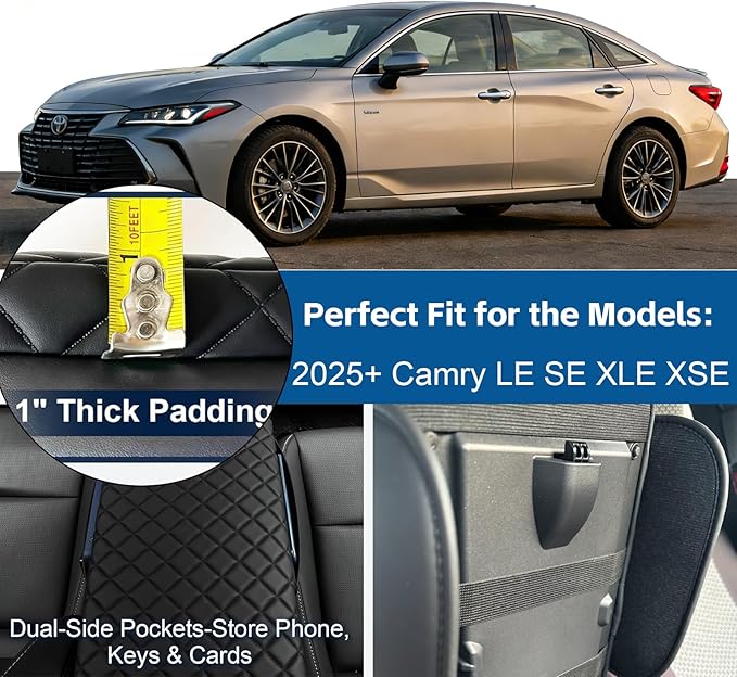 Center Console Cover Fit for Toyota Camry (LE/SE/XLE/XSE) 2025 2026 Thickened 1-in Leather Armrest Cover Cushion Camry Hybrid Center Lid Protector with Pockets