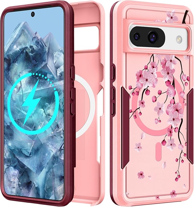 for Google Pixel 8A Case 6.1 Inch - Compatible with MagSafe Women Girls Cute Magnetic Protective Cover Girly Kawaii Flower Blossom Heavy Duty Shockproof Design for Google Pixel 8A Phone Cases