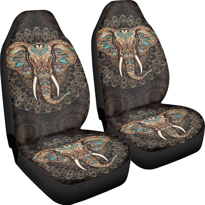 Bohemian Elephant Print Car Accessories Women Men Front Seat Cover Set Stretchy Saddle Blanket Auto Bucket Seat Protectors, Car Interior Automotive